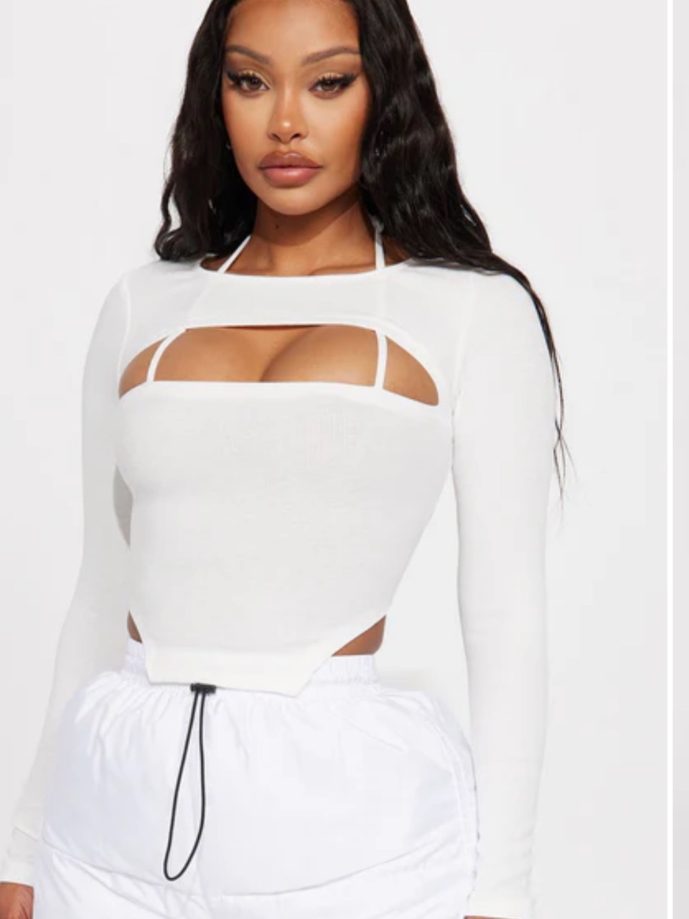 Square Cutout Long Sleeve Crop Top - White